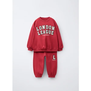 Erkek Çocuk Pamuklu Kırmızı London League Sweatshirt ve Eşofman Alt Takım - Nakış Detaylı