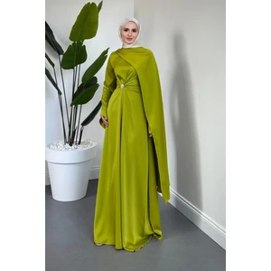 Wave Broşlu Pelerinli Saten Abiye Yağ Yeşili