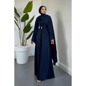 Wave Broşlu Pelerinli Saten Abiye Lacivert