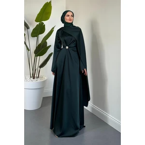 Wave Broşlu Pelerinli Saten Abiye Petrol Yeşili