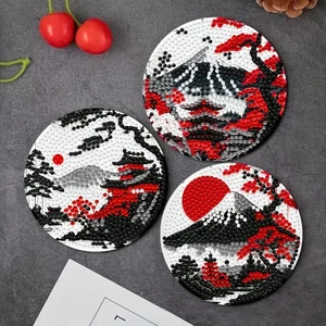 Japonya Temalı Elmas Boyama Bardak Altlığı Seti – 6 Parça, Metal Stant Dahil, DIY Kendin Yap