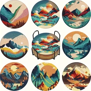 Manzara Temalı Elmas Boyama Bardak Altlığı Seti – 8 Parça, Metal Stant Dahil, DIY Kendin Yap