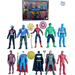 Brother Toys 16 Parça Süper Kahraman Seti Örümcek Adam Hulk Süpermen Batman Demir Adam Thor Flash Thanos 10 Cm.