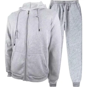 Baskısız Oversize Fermuarlı Paça Lastikli Kapşonlu Takım