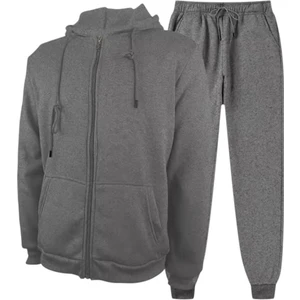 Baskısız Oversize Fermuarlı Paça Lastikli Kapşonlu Takım