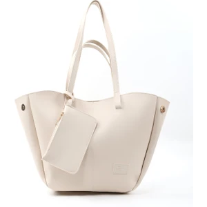 Krem Shk262 Suni Deri Çıtçıtlı Büyük Boy Tek Bölmeli Cüzdanlı El, Kol Ve Omuz Çantası