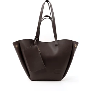 Kahve Rengi Shk262 Suni Deri Çıtçıtlı Büyük Boy Tek Bölmeli Cüzdanlı El, Kol Ve Omuz Çantası