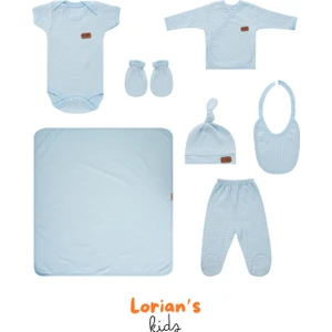 Yeni Doğan Petek Dokulu 7'li Battaniyeli Zıbın Takımı %100 Pamuklu Hastane Çıkışı - Mavi