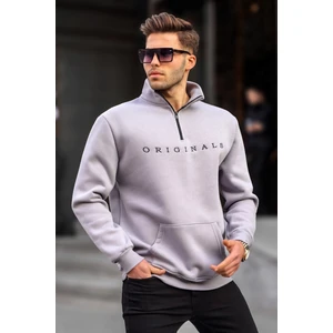 Boyalı Gri Fermuar Yaka Nakışlı Sweatshirt 6028