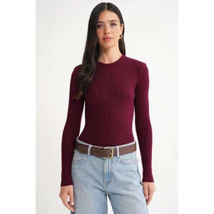 6938 Kadın Bisiklet Yaka Fitilli Triko Body Bordo