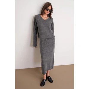 6961 Kadın Triko Kazak Etek Takım Antrasit