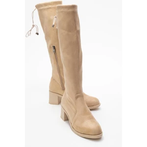 Kadın Dizaltı Streç Topuklu Çizme; Bej Süet