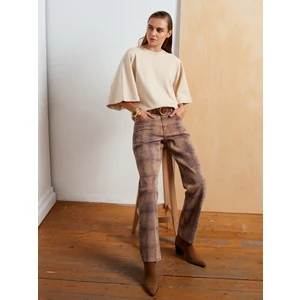 72066 Ekose Desenli Denim Pantolon-Camel