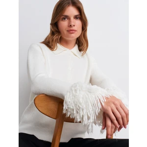 60992 Kolu Püsküllü Triko Hırka-Ekru