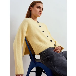 60280 Yanları Yırtmaçlı Yün Karışımlı Triko Hırka-Açık Sarı