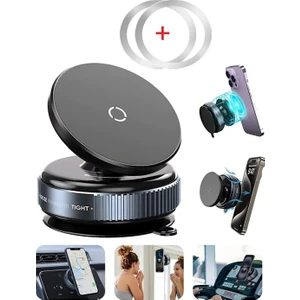 K009 360 Derece Dönebilen Vakumlu Magnetik Telefon Tutucu Ayna-Cam-Araba Siyah+ 2ADET Metal Halka