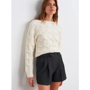 10825 Kabartma Detaylı Triko Kazak-Ekru