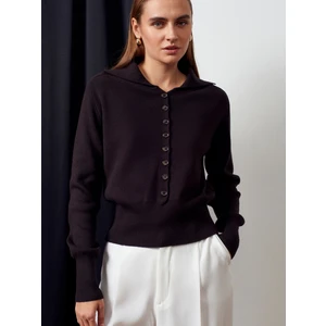 10816 Polo Yaka Yünlü  Düğmeli Triko Kazak-Koyu Kahve