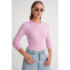 6938 Kadın Bisiklet Yaka Fitilli Triko Body Pembe