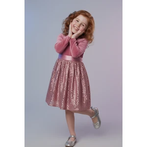 Kız Çocuk Özel Günler Için Kadife Pullu Kabarık Fiyonklu Elbise 3-10 Yaş