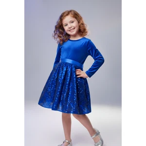 Kız Çocuk Özel Günler Için Kadife Pullu Kabarık Fiyonklu Elbise 3-10 Yaş