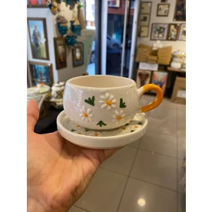 El Yapımı Papatya Desenli Seramik Kupa Tabak Takımı - 1 Kişilik Çay Kahve Seti