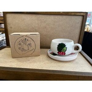 El Yapımı Kaktüs Desenli Seramik Kupa ve Tabak Takımı - Tek Kişilik