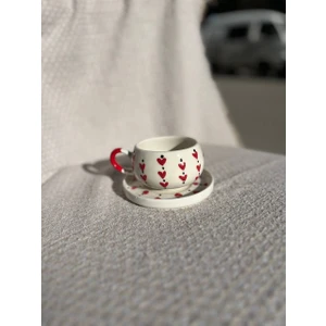 El Yapımı Kalp Desenli Seramik Kupa ve Tabak Takımı - Tek Kişilik