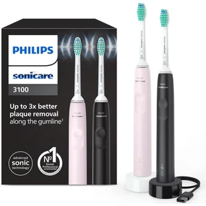 Sonicare 3100 Elektrikli Diş Fırçası | Sonic Teknoloji, Basınç Sensörü & Zamanlayıcı | 2’li Set (Siyah & Pembe), HX3675/15