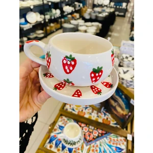 El Yapımı Çilek Desenli Seramik Kupa ve Tabak Takımı - Tek Kişilik