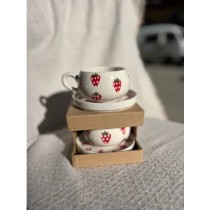 2 Kişilik El Yapımı Çilek Desenli Seramik Kupa Takımı - Çay Kahve Sunum Seti