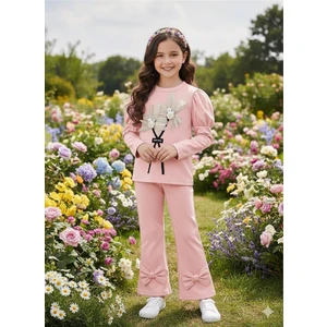 Kız Çocuk Çiçekli Fiyonklu Ikili Takım - %100 Pamuklu