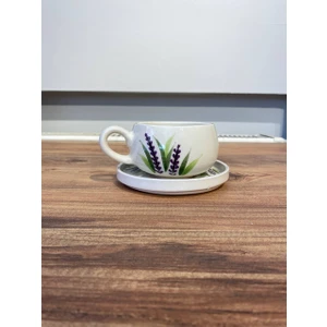 El Yapımı Lavanta Desenli Seramik Kupa ve Tabak Takımı - Tek Kişilik