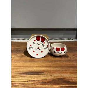 2 Kişilik El Yapımı Kedi Desenli Seramik Kupa Takımı - Çay Kahve Sunum Seti