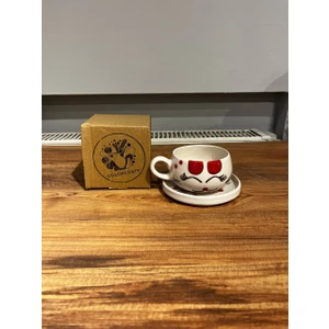 El Yapımı Kedi Desenli Seramik Kupa ve Tabak Takımı - Tek Kişilik