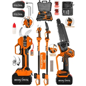 T 50 mm Dijital Makas Testere 2 Akülü Kömürsüz Şarjlı Ağaç Dal Kesme Budama Makası 2.5 M Teleskop