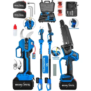 M 50 mm Dijital Makas Testere 2 Akülü Kömürsüz Şarjlı Ağaç Dal Kesme Budama Makası 2.5 M Teleskop