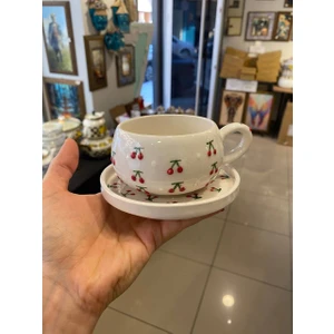 El Yapımı Kiraz Desenli Seramik Kupa ve Tabak Takımı - Tek Kişilik