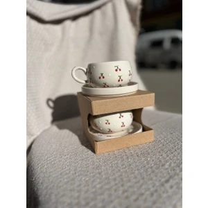 2 Kişilik El Yapımı Kiraz Desenli Seramik Kupa Takımı - Çay Kahve Sunum Seti