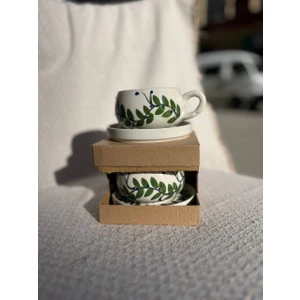 2 Kişilik El Yapımı Yeşil Dal Desenli Seramik Kupa Takımı - Çay Kahve Sunum Seti