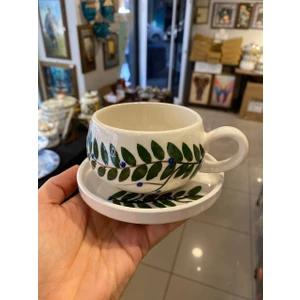 El Yapımı Yeşil Dal Desenli Seramik Kupa ve Tabak Takımı - Tek Kişilik