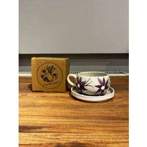 El Yapımı Mor Çiçek Desenli Seramik Kupa ve Tabak Takımı - Tek Kişilik