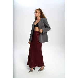 Eubah Kırışık Uzun Bordo Saten Etek
