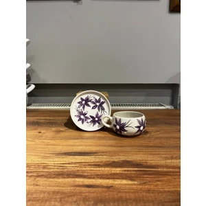 2 Kişilik El Yapımı Mor Çiçek Desenli Seramik Kupa Takımı - Çay Kahve Sunum Seti