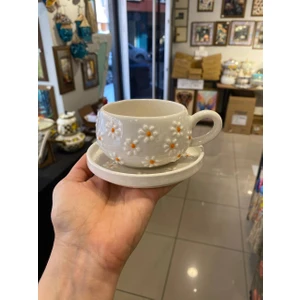 El Yapımı Papatya Desenli Seramik Kupa ve Tabak Takımı - Tek Kişilik