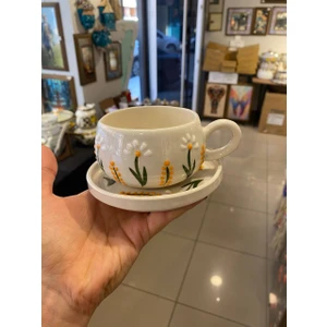 El Yapımı Dal Papatya Desenli Seramik Kupa ve Tabak Takımı - Tek Kişilik