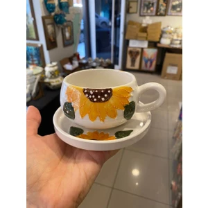 El Yapımı Ayçiçeği Desenli Seramik Kupa ve Tabak Takımı - Tek Kişilik