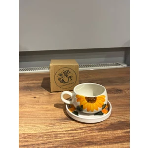 2 Kişilik El Yapımı Ayçiçeği Desenli Seramik Kupa Takımı - Çay Kahve Sunum Seti