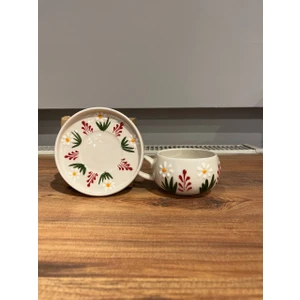 El Yapımı Kırmızı Çiçek ve Papatya Desenli Seramik Kupa Tabak Takımı - Tek Kişilik