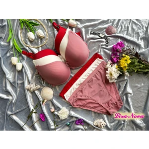 3'lü Takım Kırmızı Beyaz Pembe Çizgili Destekli B Cup Sütyen Takımı